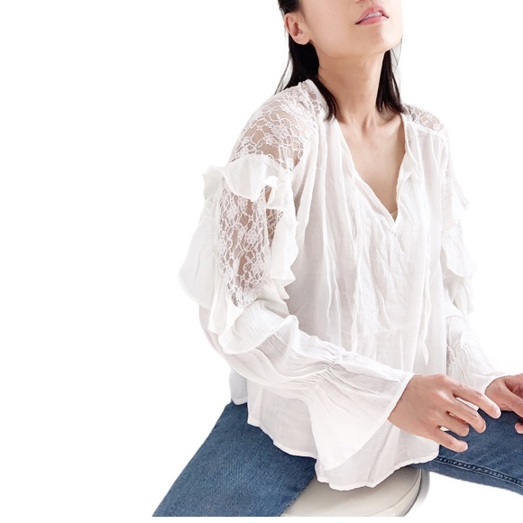 BOHO GYPSY LACE RUFFLE BLOUSE -IVORY WHITE - Picture 2 of 7